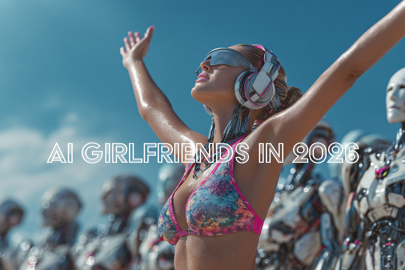 woman at the beach surrounded by cyborgs